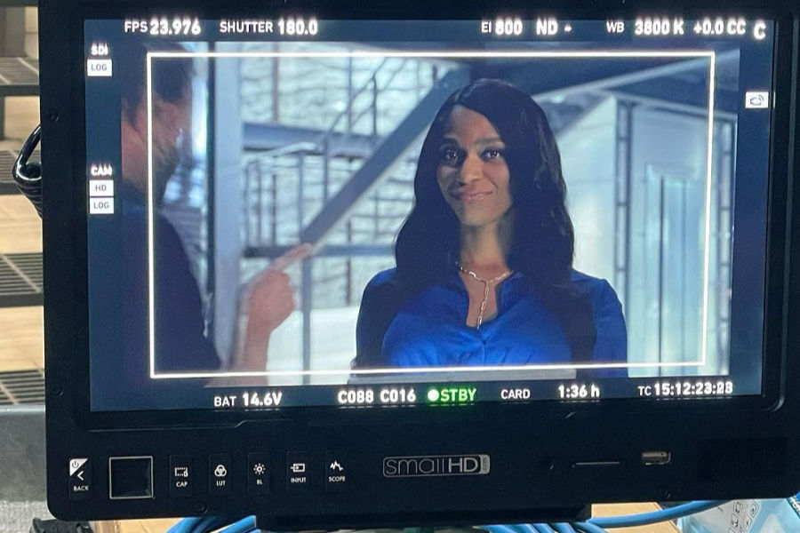 Alexandra Grey seen through a monitor during filming of MacGyver, where she played Parker Phillips.