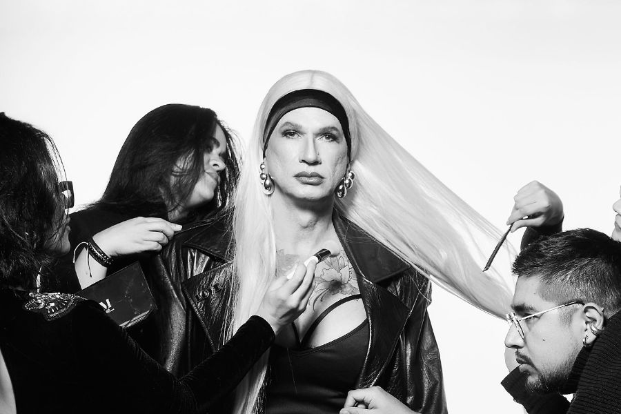 Brigitte Baptiste during a studio shoot, surrounded by stylists, for her feature in The White Hot Room project, June 2024.