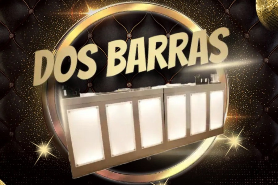 Logo de Dos Barras Disco Club con un gráfico de barra de bar y un fondo dorado con temática de disco.
