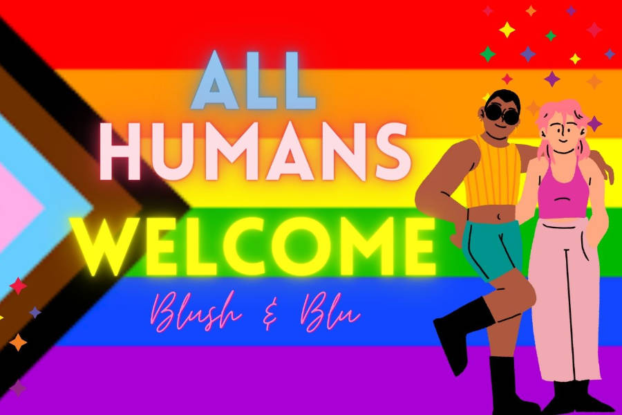 Blush & Blu’s visual welcoming all identities with pride colors and diverse illustrated figures.