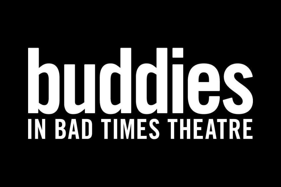 Bold white logo of Buddies in Bad Times Theatre centered on a solid black background.
