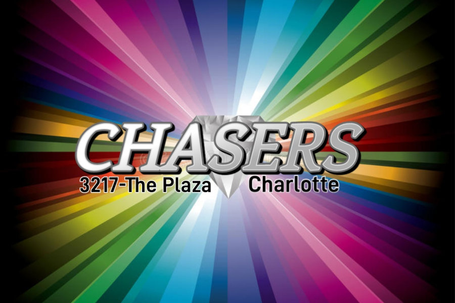 Logo of Chasers bar in Charlotte, with rainbow lightburst background and silver lettering.