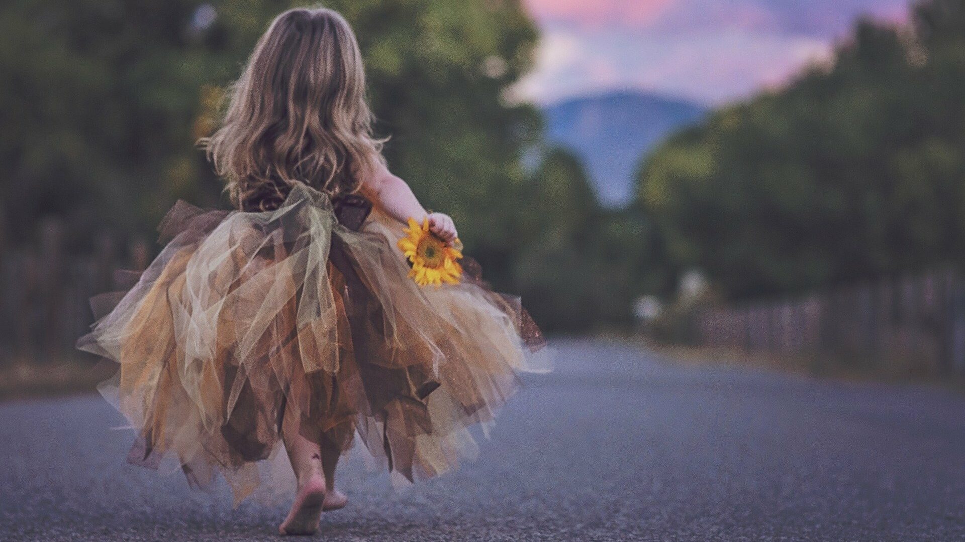 Enfant en robe de tulle marron et beige tenant un tournesol, marchant sur une route au coucher du soleil.