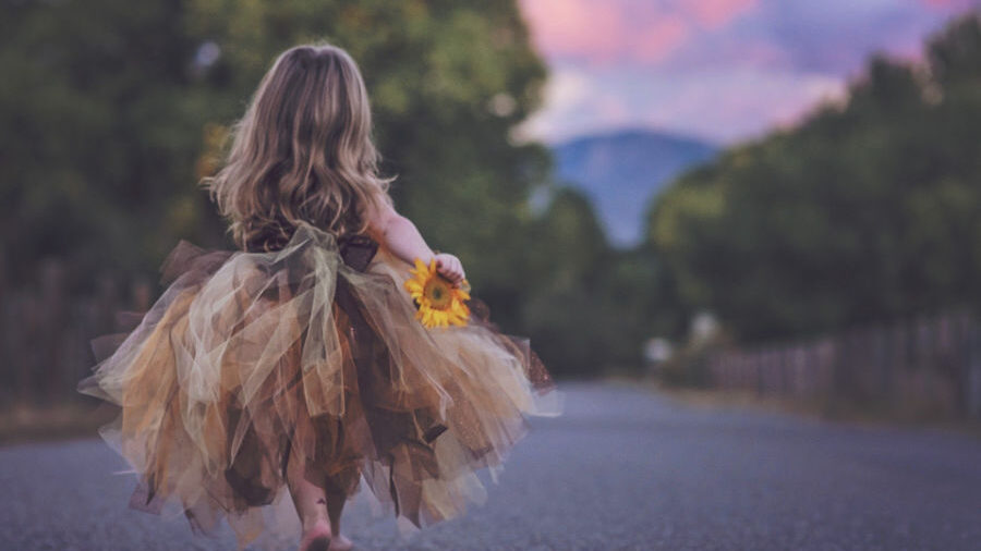 Niña con un vestido de tul marrón y beige sosteniendo un girasol, caminando por un camino al atardecer.
