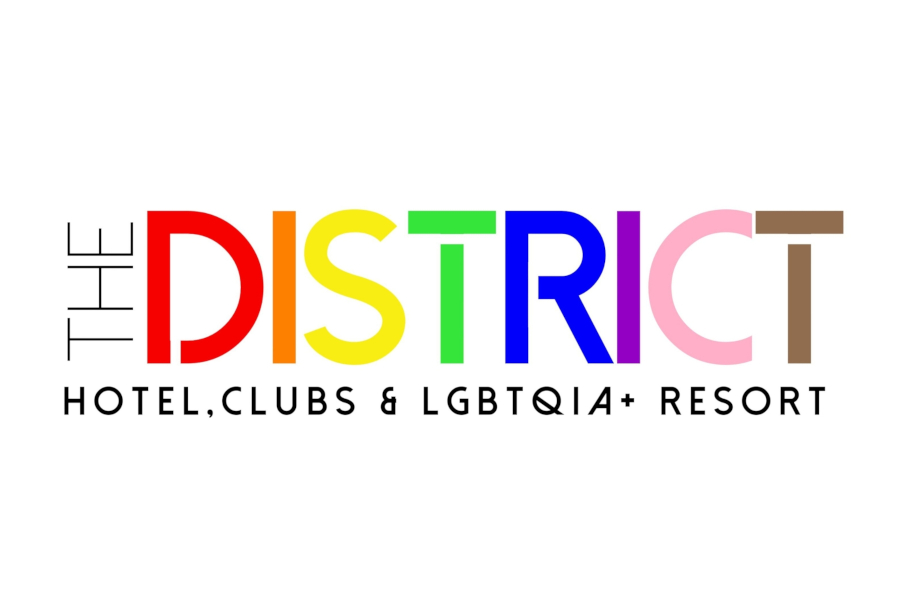 Logo of The District LGBTQIA+ Resort with rainbow-colored text and white background.