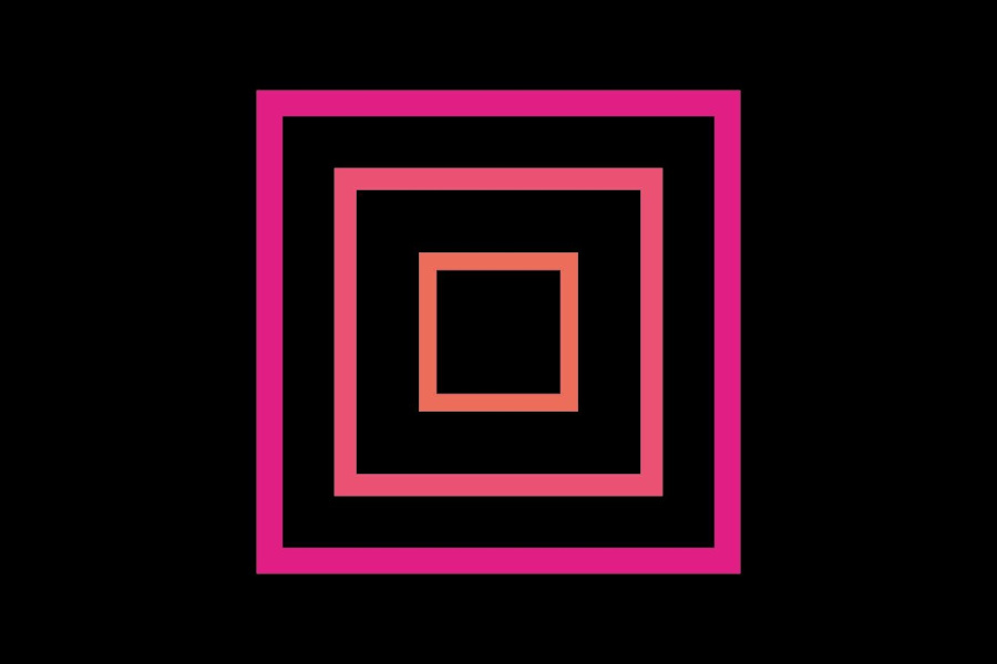Quatro quadrados neon concêntricos em rosa e laranja sobre um preto fundo, logotipo da Galeria Café RJ.