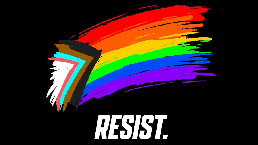 Progress Pride Flag in paintbrush strokes with the word “RESIST.” in bold white lettering on a black background.