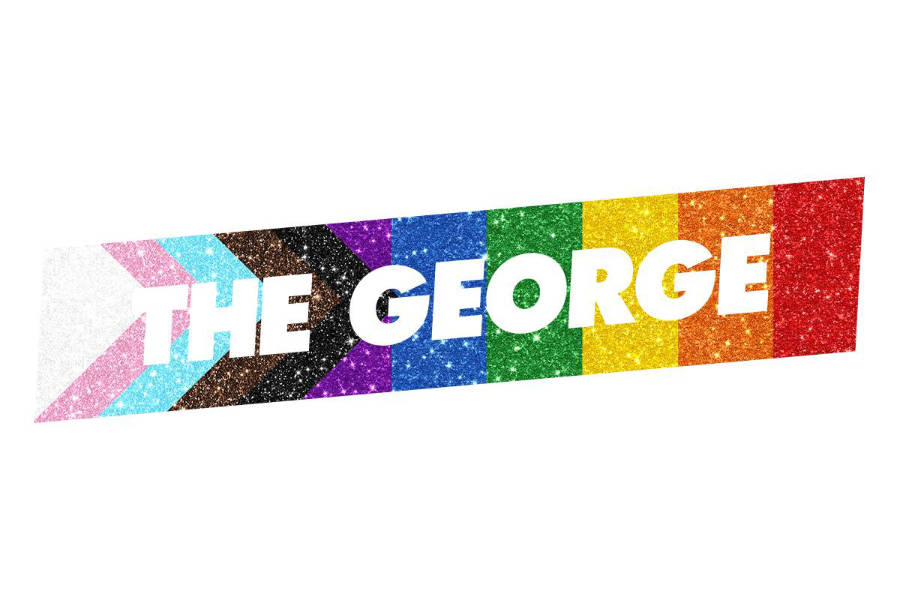 Logo of The George Bar in Dublin with Progress Pride colors and glitter texture.