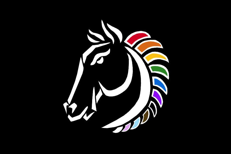 Logo of the White Horse Bar in Oakland, showing a stylized white horse with a rainbow-colored mane on a black background.