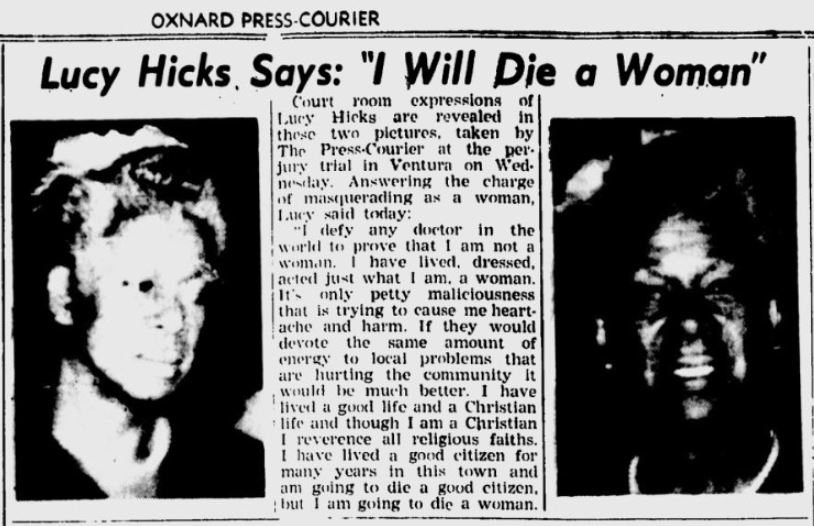Newspaper clipping from the Oxnard Press-Courier featuring Lucy Hicks Anderson during her 1945 perjury trial, with the headline “I Will Die a Woman” and two photos of her.