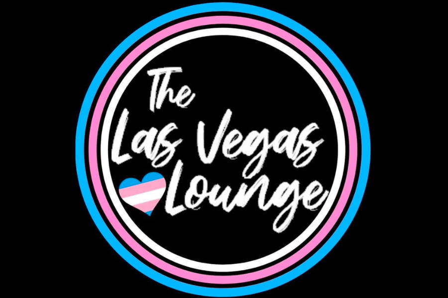 Circular logo of The Las Vegas Lounge with trans flag colors and a heart.
