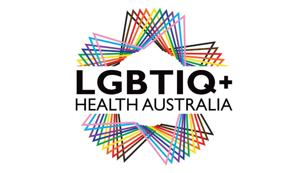 Logo of LGBTIQ+ Health Australia featuring black text and a vibrant circular design of overlapping rainbow-colored lines.