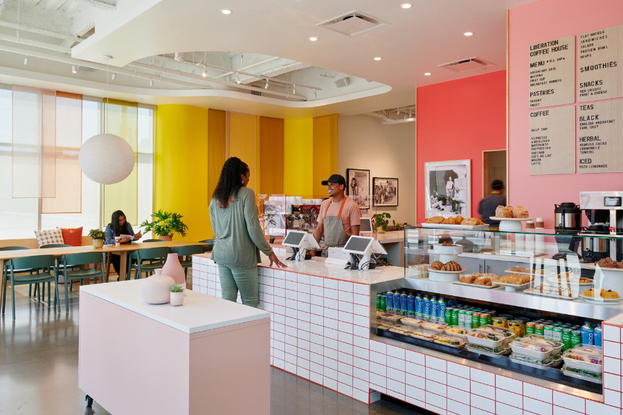 A welcoming scene inside Liberation Coffee House in Los Angeles, a queer-inclusive café run by LGBTQ+ staff.
