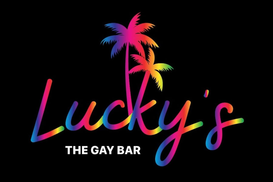 Rainbow-themed Lucky’s Gay Bar logo with palm trees and vibrant typography.