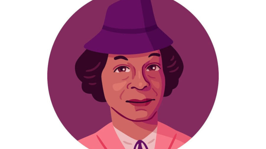 Colorful vector-style illustration of Lucy Hicks Anderson wearing a purple hat and pink jacket, set against a deep violet circle background.