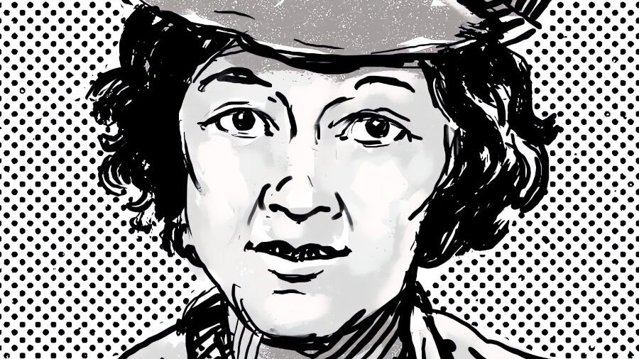 Portrait en noir et blanc illustré de Lucy Hicks Anderson, dessiné avec un style de bande dessinée.