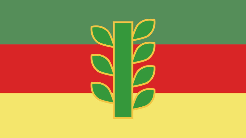 Bandera māhū con tres franjas horizontales en verde, rojo y amarillo, con un símbolo verde central con hojas, que representa la identidad y la cultura māhū.