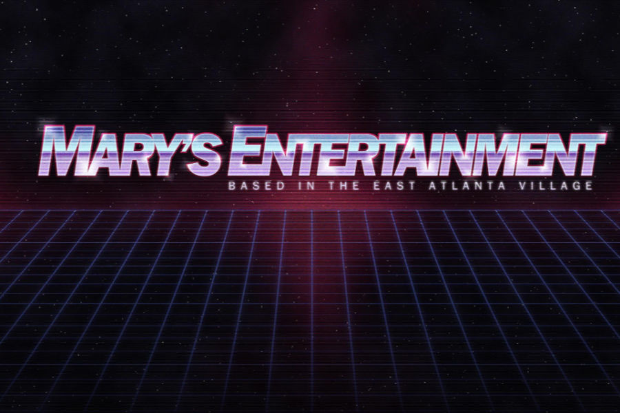 Futuristic grid floor with Mary’s Entertainment name in glowing pink font, referencing East Atlanta’s queer venue.