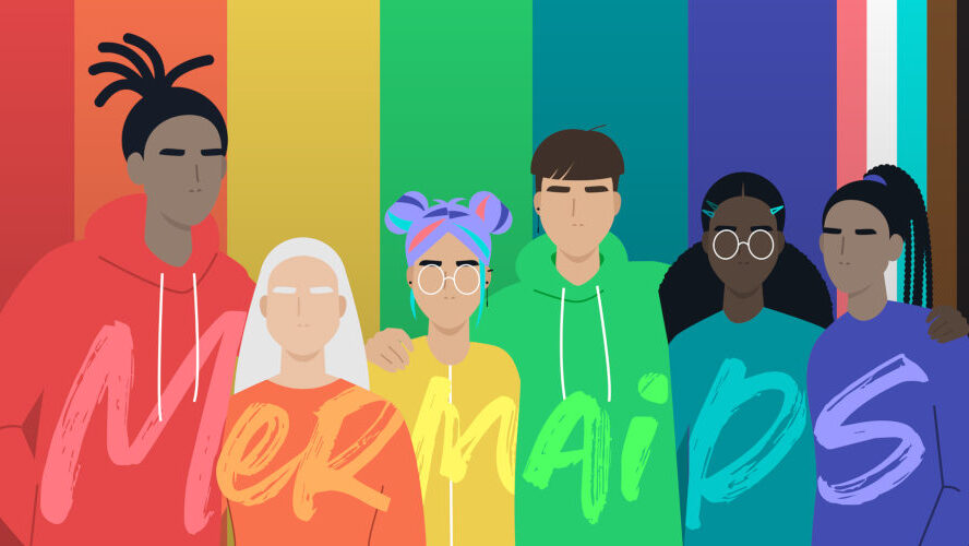 Illustration of diverse youth standing together in front of rainbow and trans flags, with the word “Mermaids” in multicolored letters.