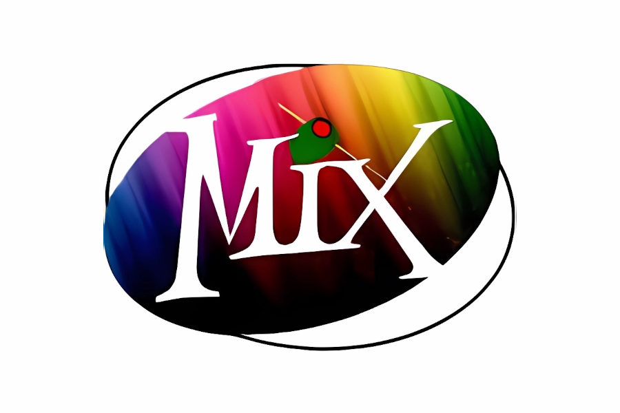 Oval-shaped Mix Club logo with white text over a rainbow gradient background.