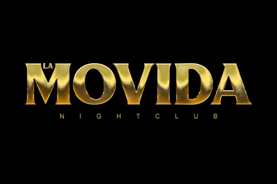 Elegant golden text logo reading “La Movida Nightclub” displayed on a solid black background.