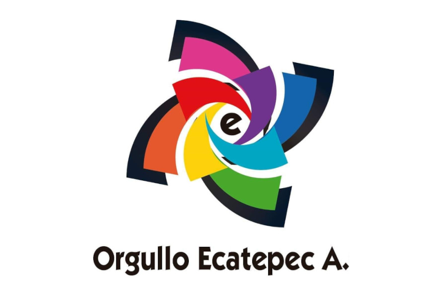 Logo de Orgullo Ecatepec A.C., con un diseño de espiral colorida y segmentos del arcoíris alrededor de una letra “e” en minúscula.
