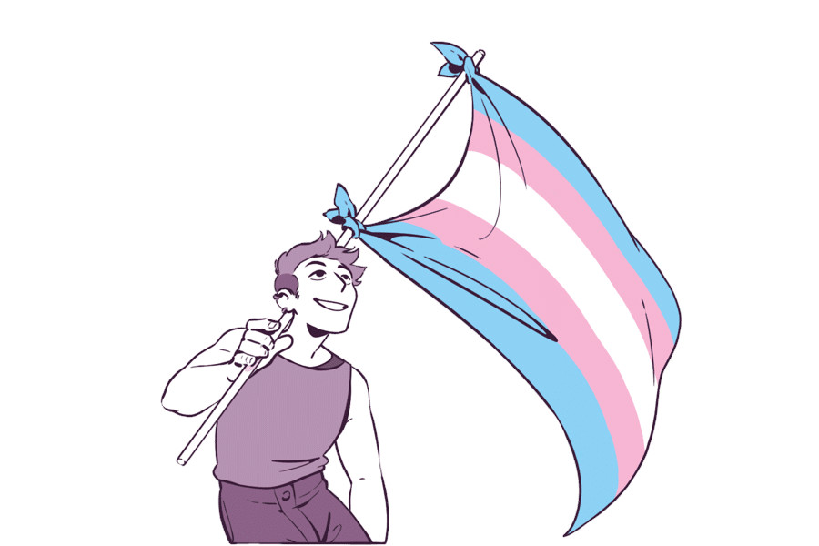 Illustration by OUTrans showing a smiling person holding a large transgender flag with blue, pink, and white stripes.