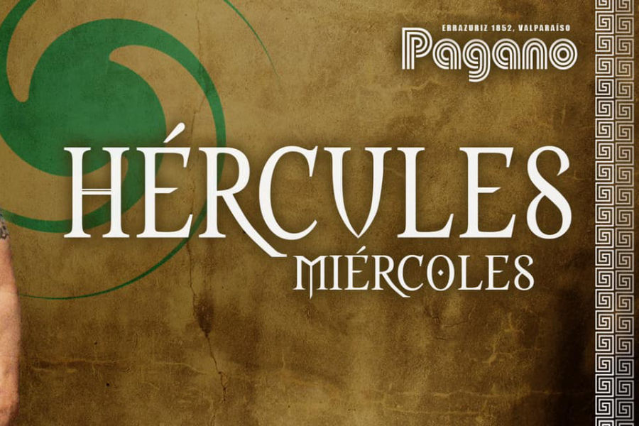 Póster del evento Hércules de los miércoles en la discoteca Pagano, con tipografía de estilo griego clásico sobre un fondo texturizado en bronce.