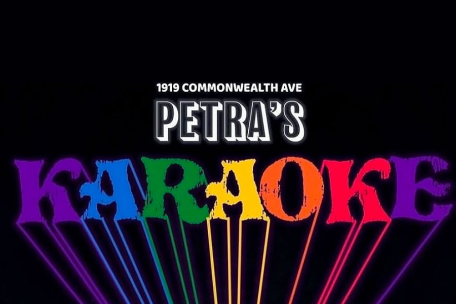 Petra’s Karaoke logo with rainbow-colored text and address 1919 Commonwealth.
