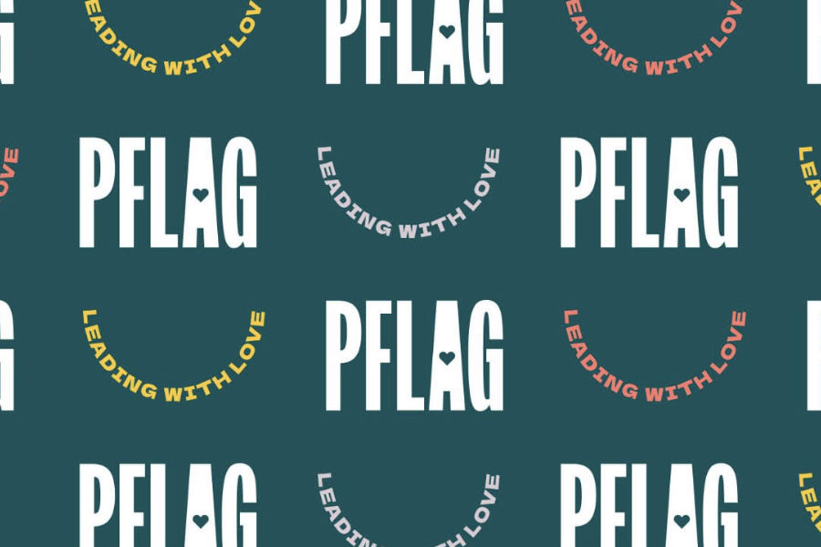 Patterned background showing the PFLAG Denver logo and the phrase “Leading With Love” in various Pride colors.