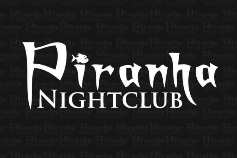 Black square with repeated “Piranha Nightclub” in gray and white main logo.