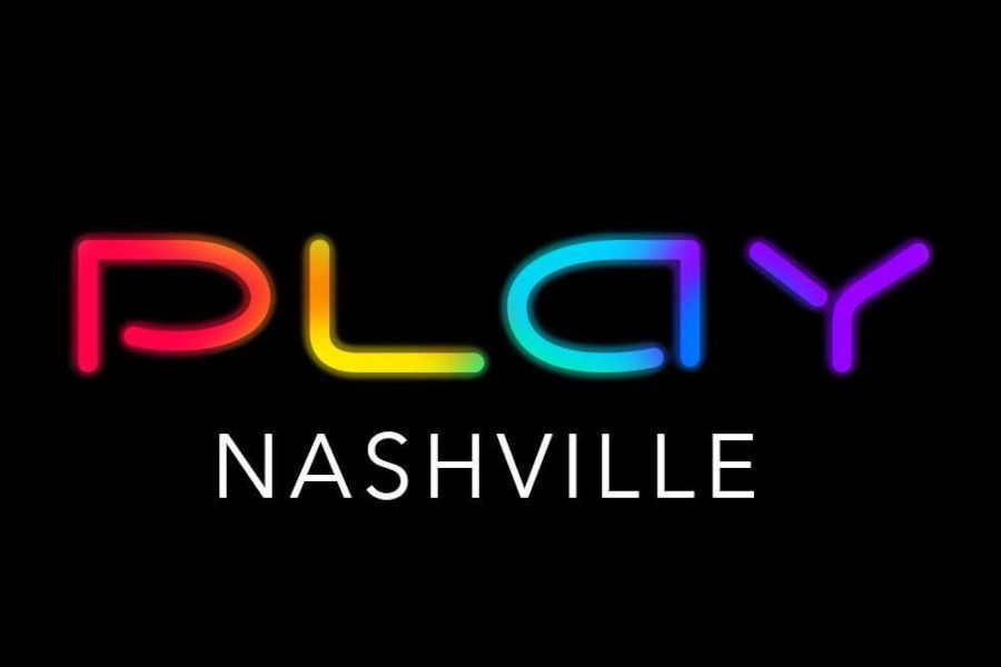 Rainbow-styled logo for Play Nashville nightclub with black background.