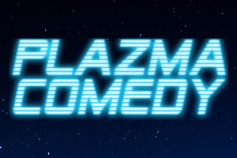 Glowing blue logo of Plazma Comedy in digital font over a starry night sky background.