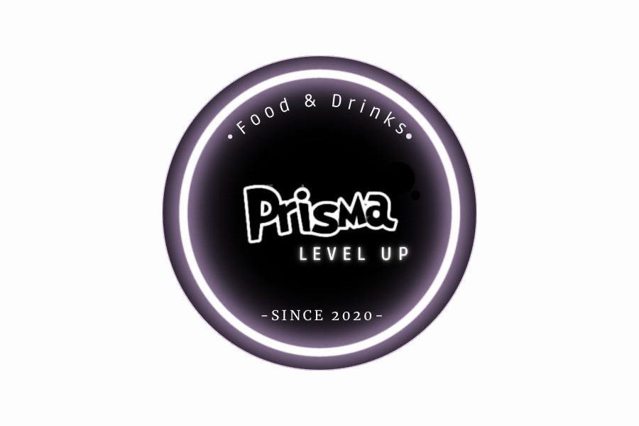 Black circular Prisma Level Up logo with neon ring, stating “Food & Drinks - Since 2020”.