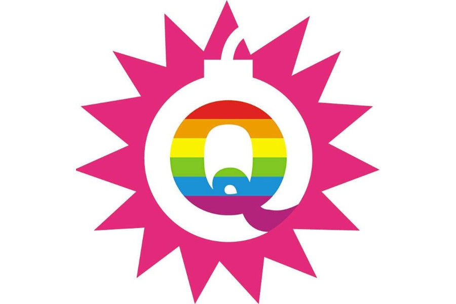 Stylized queer pride logo of Queerbomb Austin with rainbow gradients and a symbolic bomb shape.