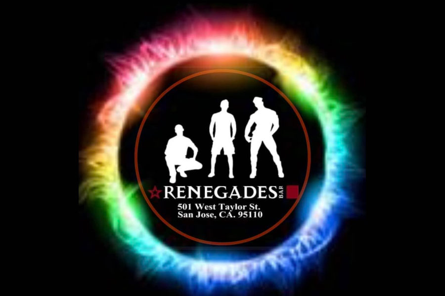 Renegades Bar logo with three white male silhouettes inside a rainbow flame ring.