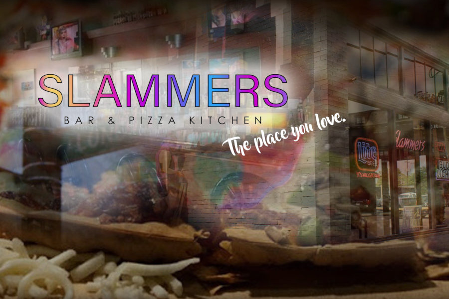 Slammers Bar & Pizza Kitchen with glass front, visible neon beer signs, and rainbow-colored text.