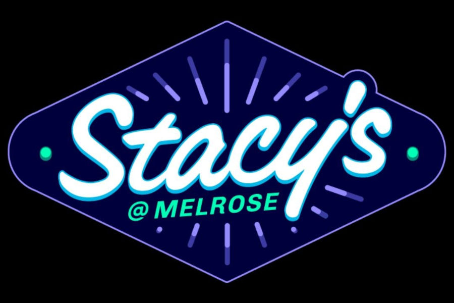 Neon-style logo for Stacy’s at Melrose with blue and green tones on black background.