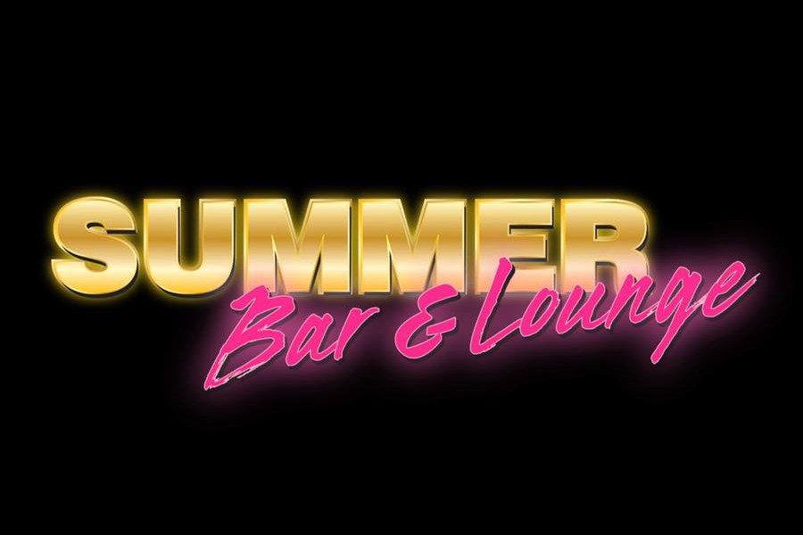 Logo of Summer Bar & Lounge with gold and pink neon-style text on a black background.