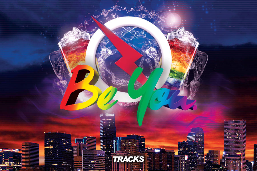 Poster from Tracks nightclub in Denver, showing rainbow-themed drinks and queer pride messaging.