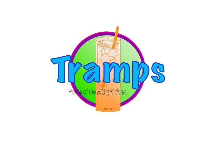 Logo of Tramps Bar showing a large cocktail glass, green and purple circle, and the slogan “Home of the BIG girl drink.”.