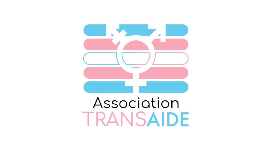 Logo of Association Trans Aide, featuring a white inclusive gender symbol over horizontal blue, pink, and white stripes, with the name below.