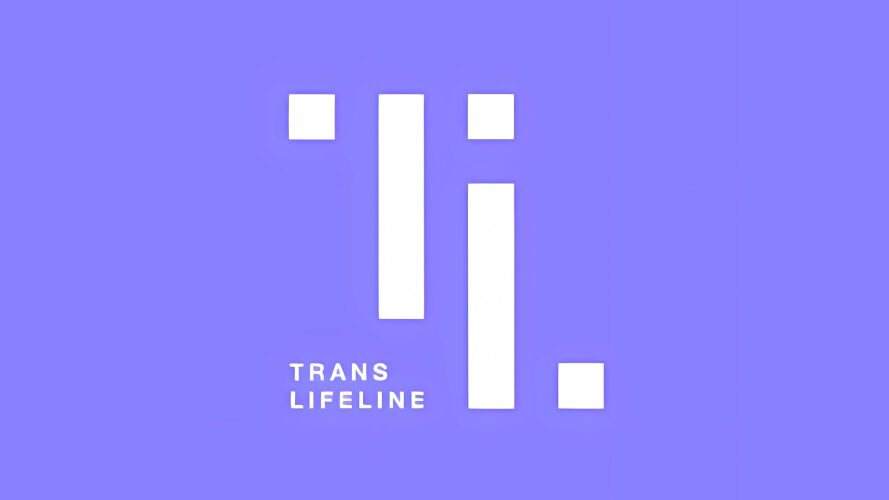 Trans Lifeline logo on a purple background with minimalist white bars forming the letters “T” and “L”, and the words “Trans Lifeline” beneath.