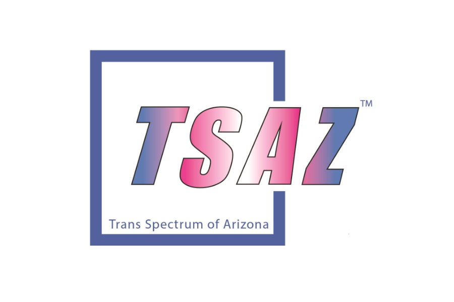 Logo of Trans Spectrum of Arizona (TSAZ) with gradient pink, white, and blue letters.