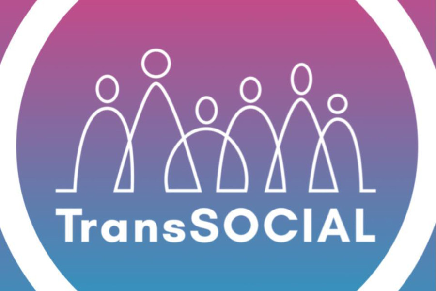Logo of TransSOCIAL showing stylized white human figures in a circle over a pink to blue gradient background.